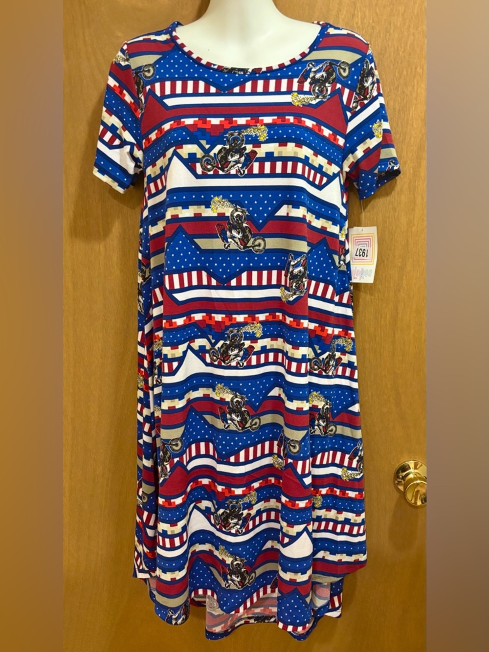 NWT LuLaRoe Carly Patriotic Americana Evel Knievel Swing Dress XS Oversized